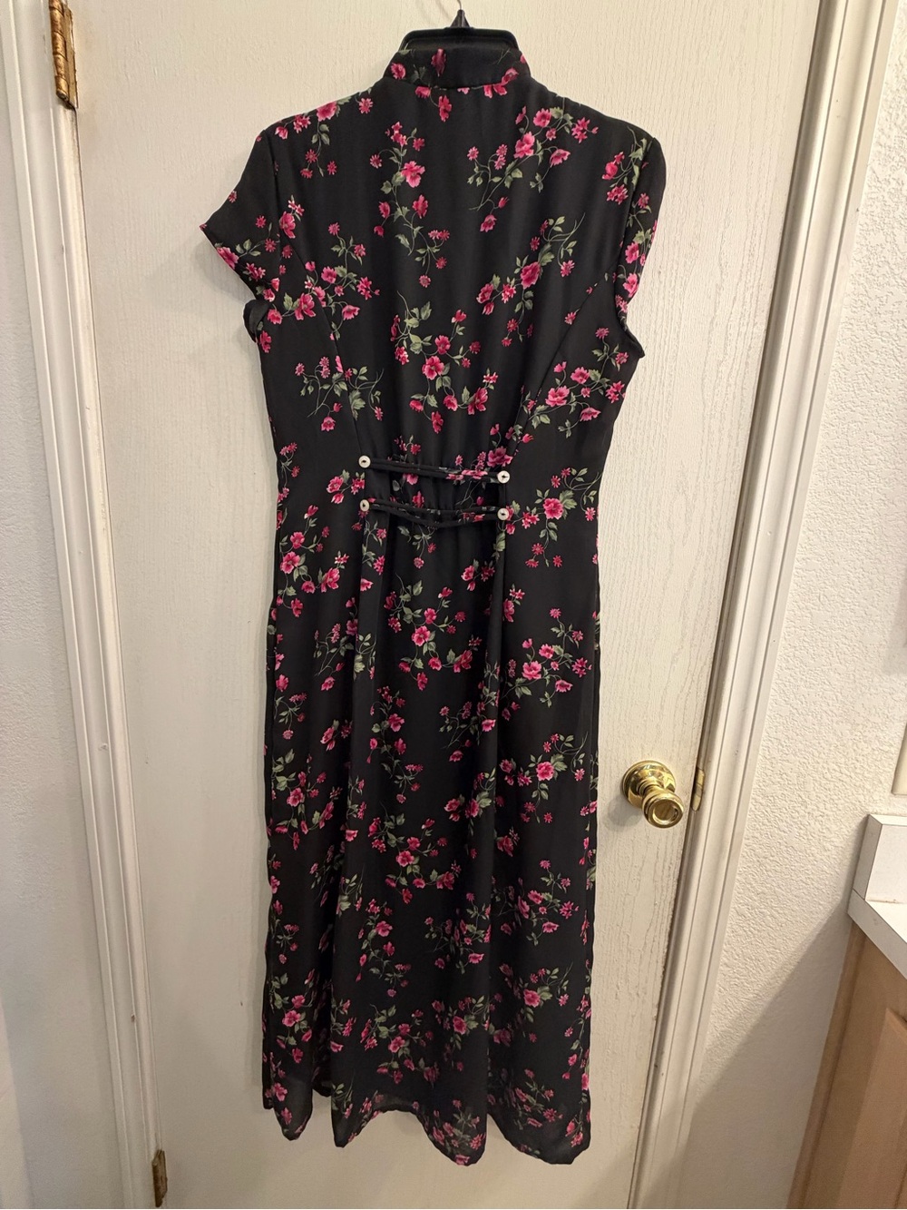 Vintage Black Floral Midi Dress with Pink Rose Print